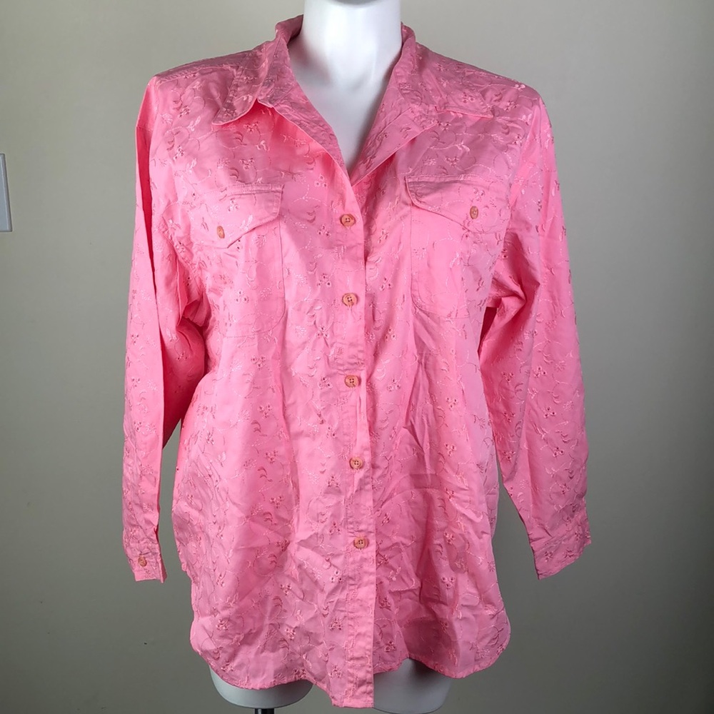 Denim & Co Embroidered Long Sleeve Button Down Pink